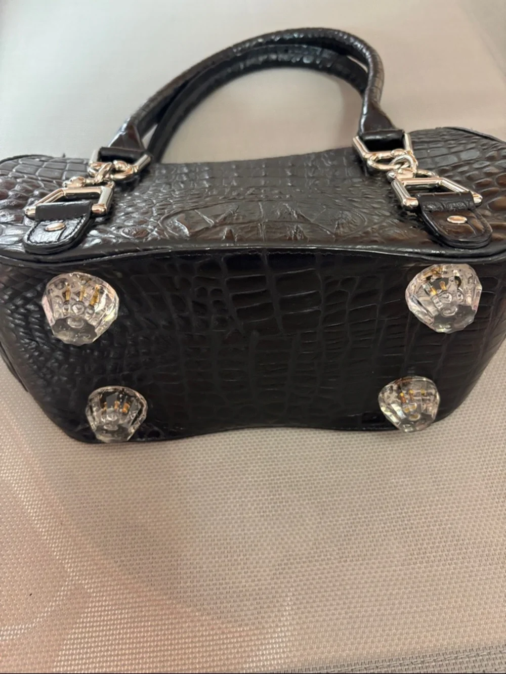 Debbie Brooks Black Croc-Embossed Women's Handbag with Gold Floral Accent